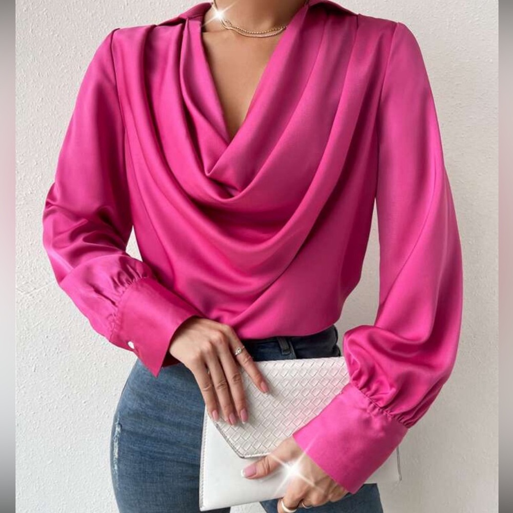 NWT Elegant Pink Collared Draped Neck Long Sleeve Top Sz XL